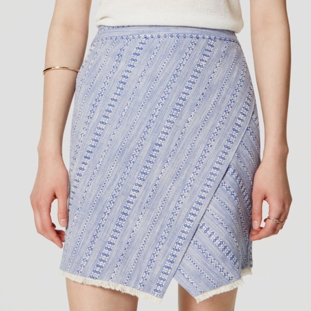 🍒BOGO🍒 Loft Crossover Blue & White Geometric Pattern Woven Fringe Detail Skirt